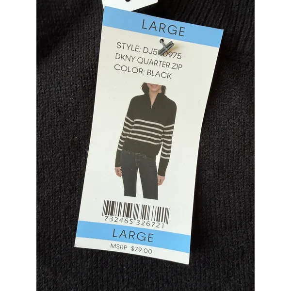 DKNY Womens Quarter‎ Zip Striped Pullover Sweater Black White Large NWT - Image 3