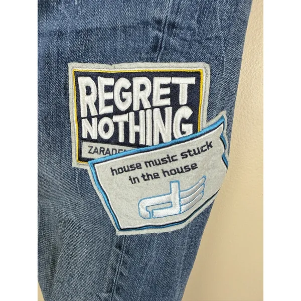 Zara Women’s Skinny Stretch Blue Jeans Size 30 Patch “Regret Nothing” - Image 3