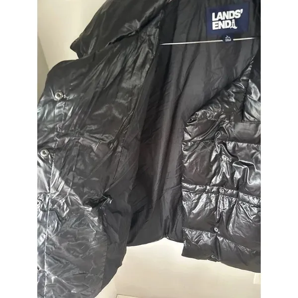 Lands’ End Black Shiny Power Down Puffer 600 Fill Jacket Adjustable Waist Large - Image 3