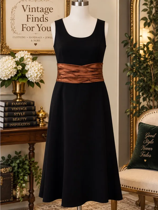 Jessica Howard Black A-Line Dress with Brown Satin Sash - Image 2
