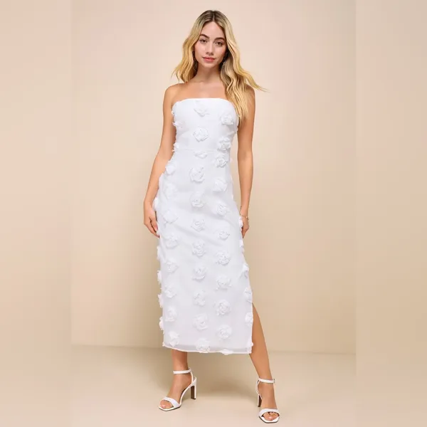 NWOT Lulus Posh Appearance White 3D Floral Applique Strapless Midi Dress L - Image 2