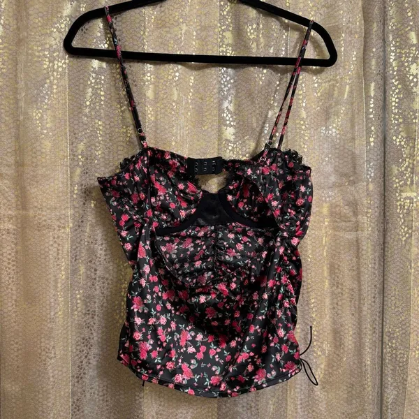 For Love & Lemons Black Melrose Romantic Bustier Pink Floral Bra Top Large - Image 2