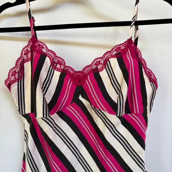 Y2K Hot Pink Silk Striped Lace Tank Top Cami 2000s Babydoll Indie Sleeze Medium - Image 2