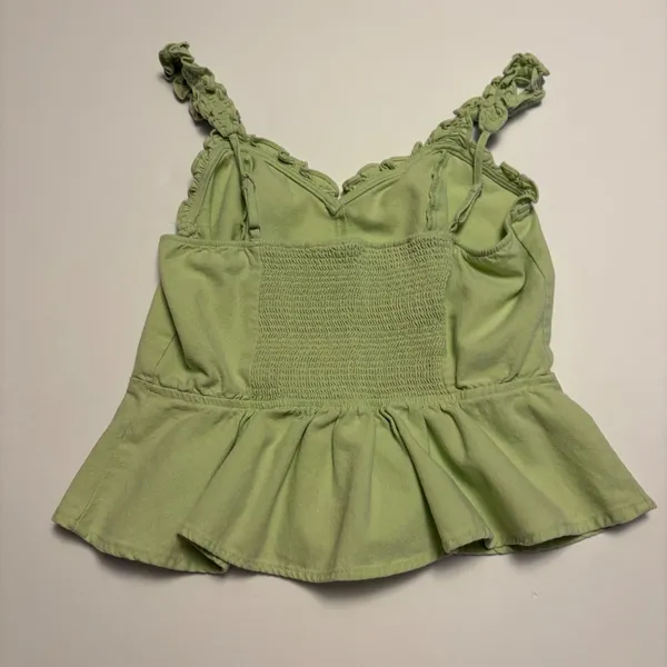E&M Peplum Top Women Size M Green Ruffle Strap Smocked Back Sweetheart Neck - Image 2