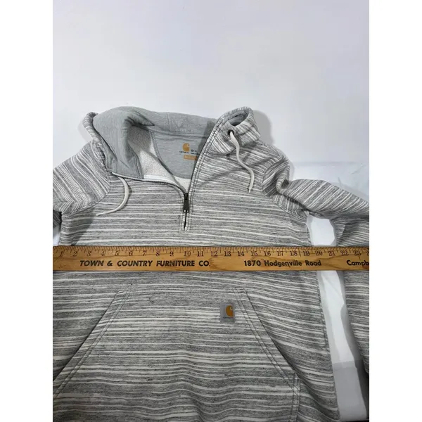 Carhartt Women Striped Quarter Zip‎ Hooded Sweatshirt Relaxed Fit Cozy Gray Sz S - Image 6