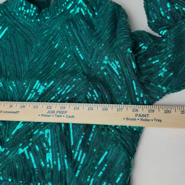 Emerald Green Sequin Geometric Chevron Maxi Dress Long Sleeve Mock Neck Gown - Image 7
