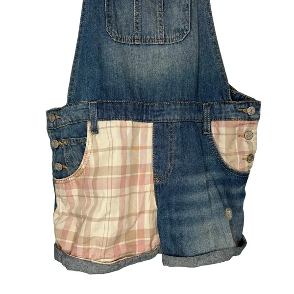 Lei Juniors L Blue Denim Overalls Plaid‎ Patchwork Shorts 100% Cotton Shortall - Image 5