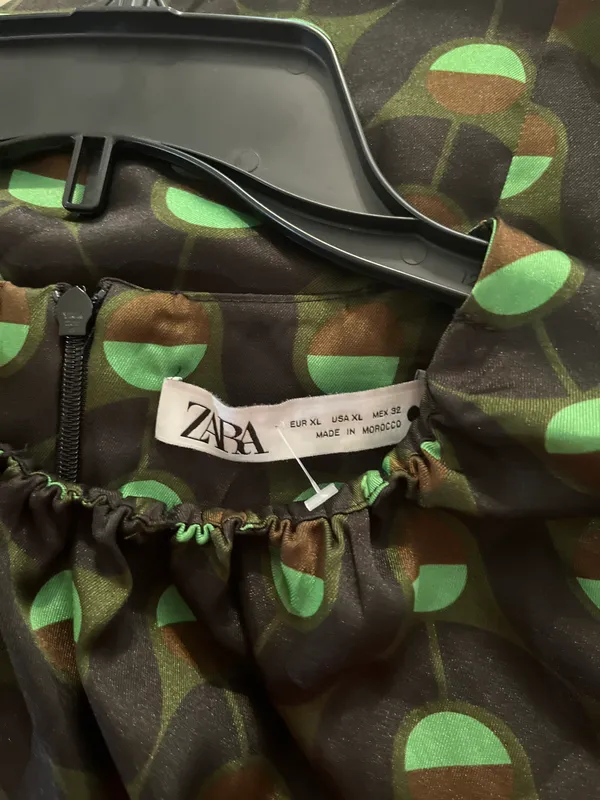 ZARA Olive Green Geometric Print Long Bishop Sleeve Satin Blouse | XL (aa) - Image 6