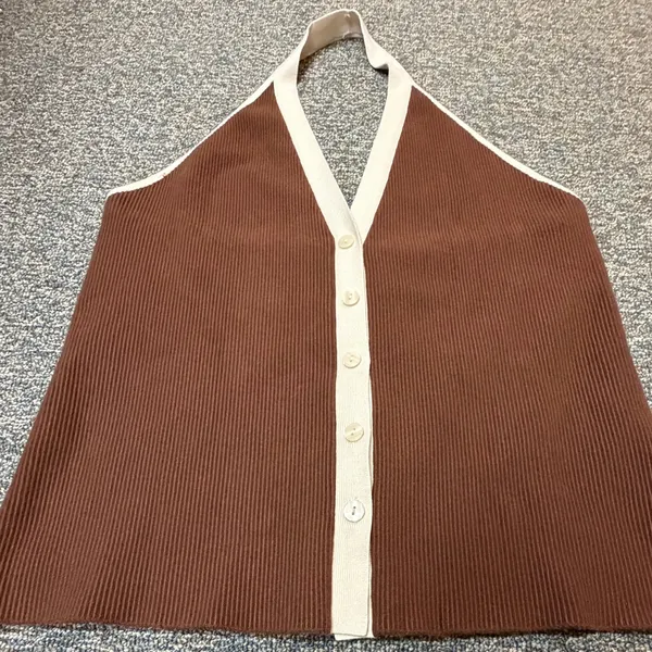Abercrombie Ribbed Halter Top Sweater Vest | Brown & Cream Button Up Knit XL - Image 7