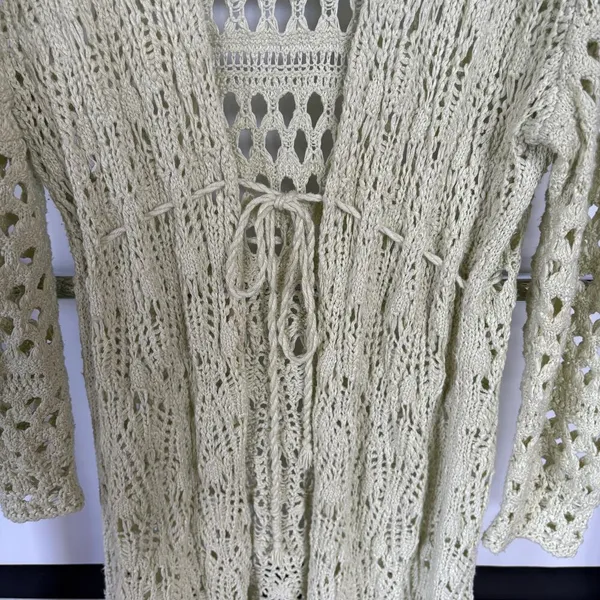 Free People Green Open Knit Long Beach Boho Resortwear Vacation Cardigan Large - Image 5