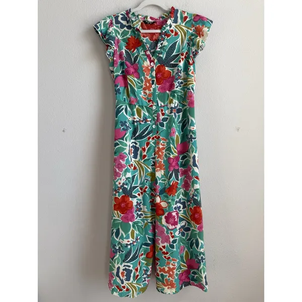Bloomchic Tropical Floral Jumpsuit Teal/Multicolor Lightweight‎ Wide Leg Size 12 - Image 6