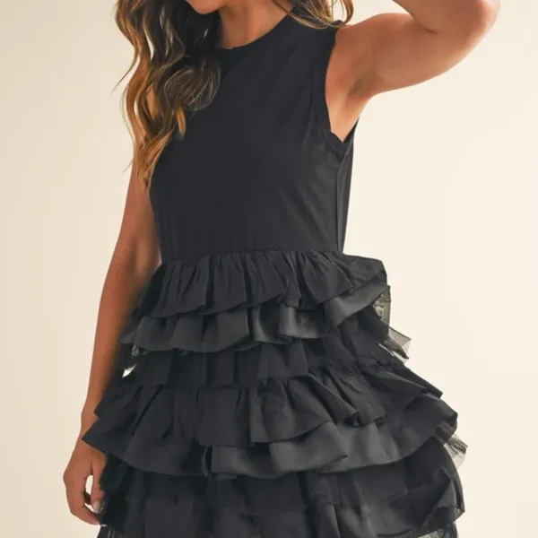 Sleeveless ruffle mix fabric tiered mini dress. Small - Image 3
