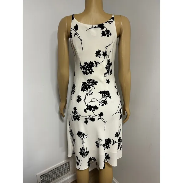 Y2K SL Fashions White Black Floral Midi Sheath Dress Square Neck Size 8 146544 - Image 3