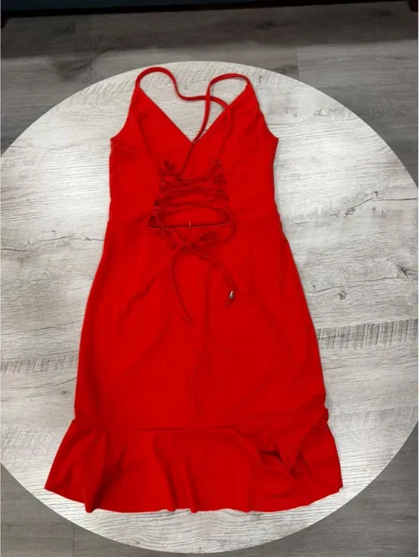 Red Lace Up Back Bodycon Ruffle Hem Spaghetti Strap Mini Cocktail Date Night - Image 7