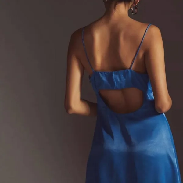 Anthropologie Satin Mini Dress Blue Open Back‎ Cutout Slip Cocktail Size 2 - Image 2