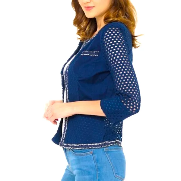 VIRGIN ONLY S Lady Navy Chic Open Eyelet Front Metallic Silver Trim Waist Blazer - Image 3
