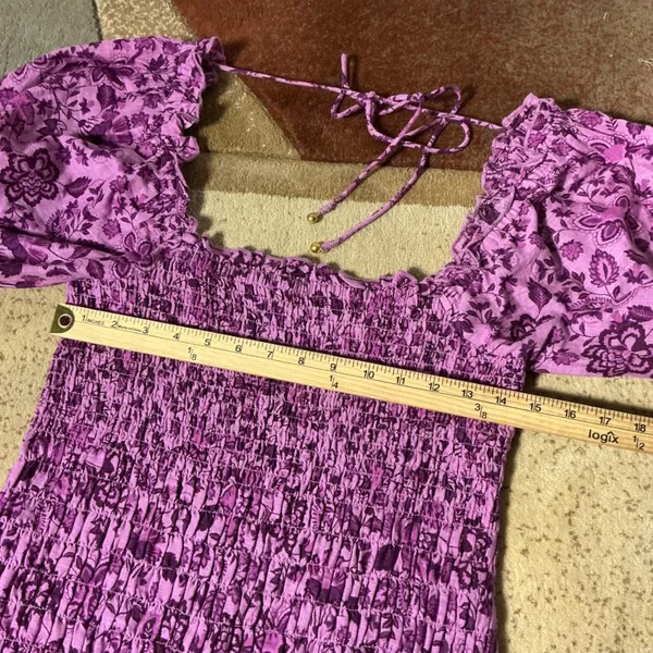 Free People Romantic Floral Smocked Mini Dress‎ Womens M Purple Puff Sleeve Boho - Image 3