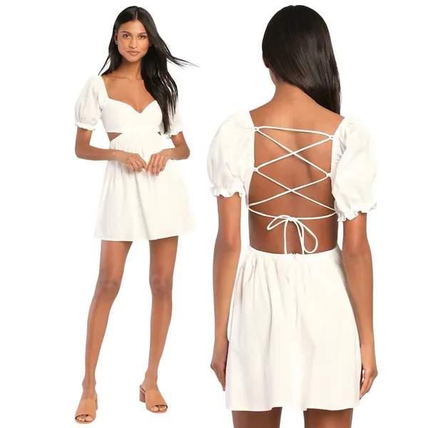 Lulus Love the Feeling White Puff Sleeve Lace-Up Cutout Mini Dress size Large - Image 2