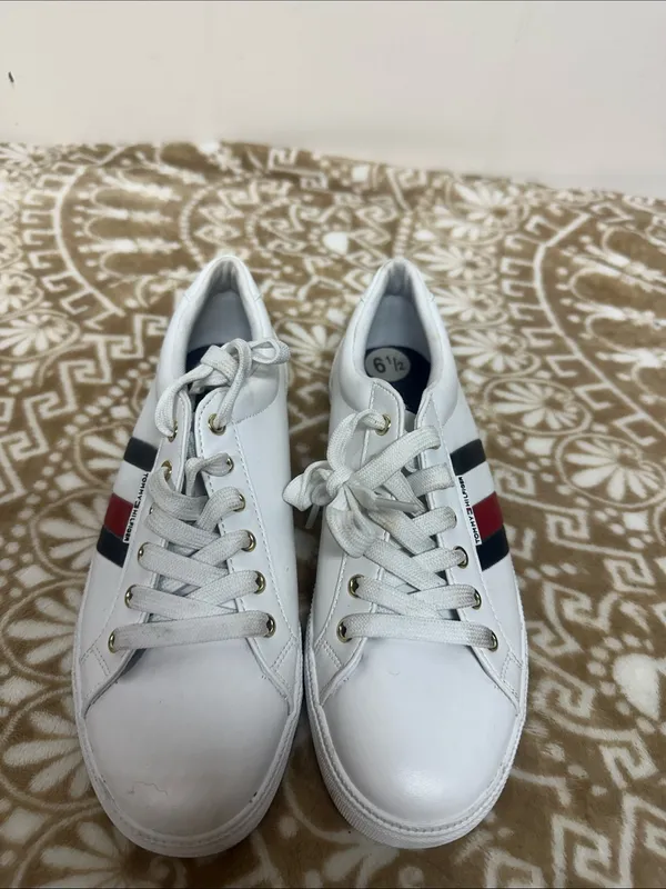 Tommy Hilfiger White Low-Top Sneakers with Red & Navy Stripes - Image 2