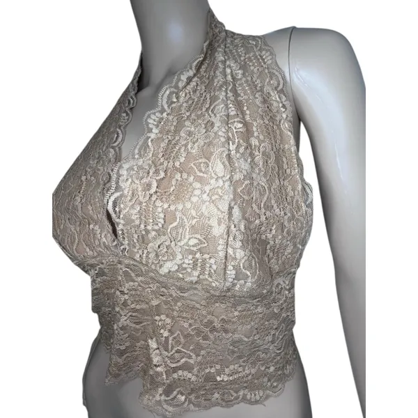 VeVinice Beige Floral Pattern Lace Halter V-Neck Bralette Crop Top - Image 2