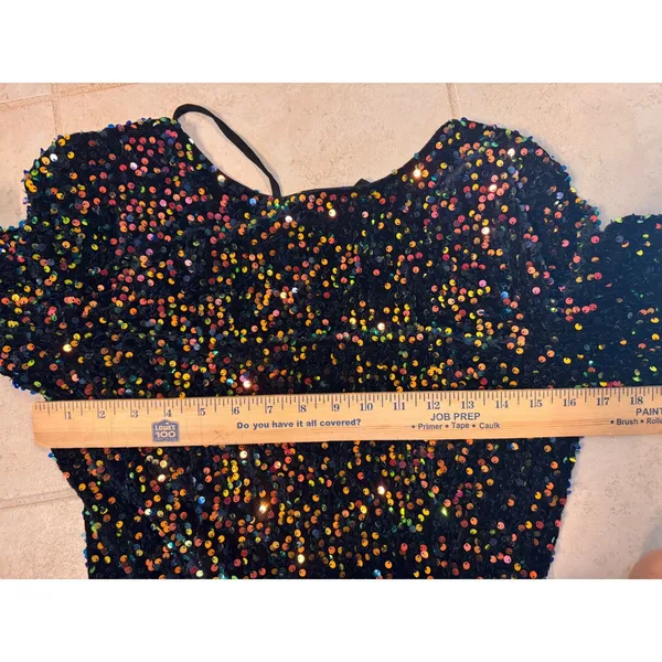 Bella Barnett NWT Sequin Mini Dress M Black Rainbow Long Sleeve‎ Open Back Dress - Image 9