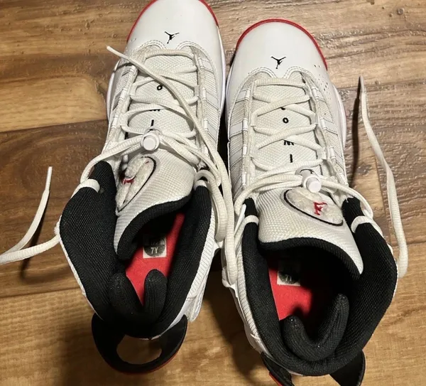 Jordan Men’s Mid Top Lace-Up Basketball Sneakers White/Black/Red Solid - Image 3