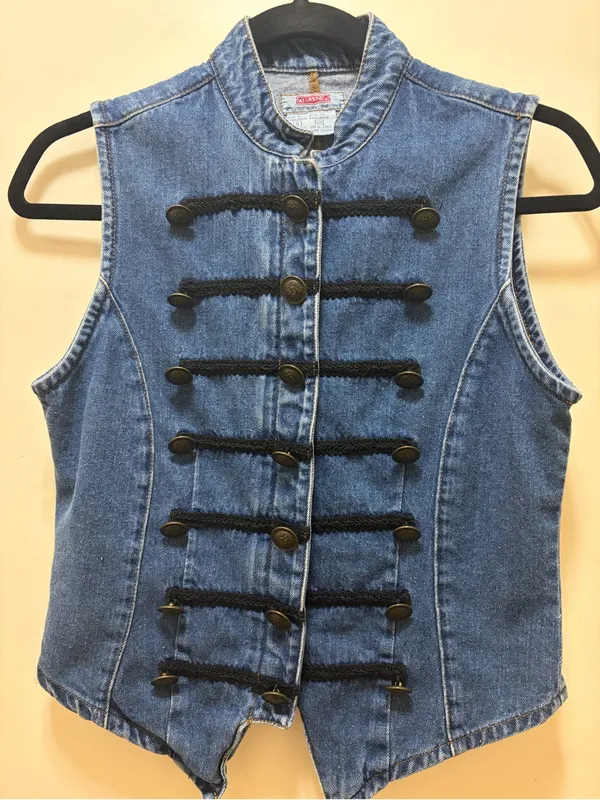 Vintage Military-Inspired Blue Denim Vest with Black Trim - Image 4