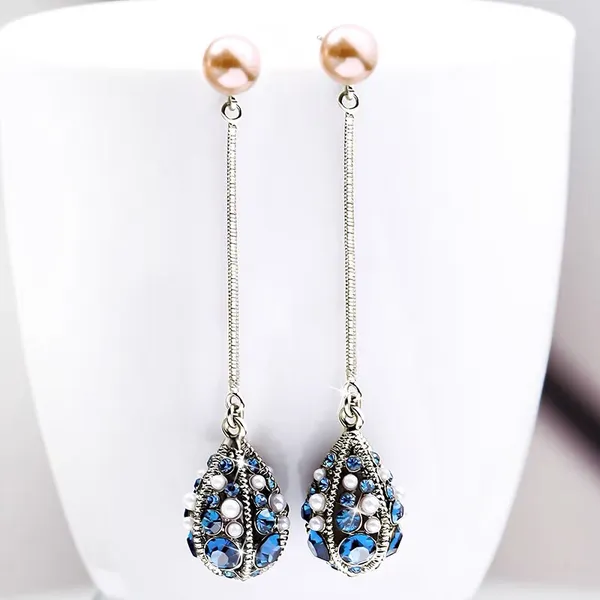 Women's Pearl Blue Crystal Long Tassel Dangle Drop Earrings - Image 3