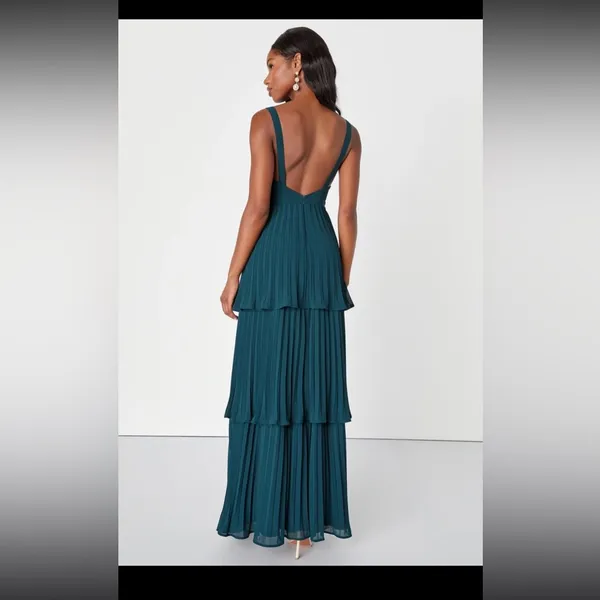 NWT Lulus Luxe Perfection Emerald Green Pleated Tiered Backless Maxi Dress - Image 2