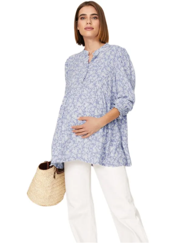 Isabella Oliver Marlene Maternity Blouse Periwinkle Blue Floral Tunic Sz 1 US 4 - Image 2