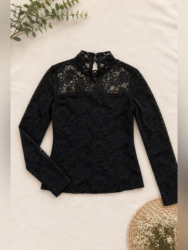 Abercrombie & Fitch Y2K 2010s Black Lace High Neck Top Size L - Image 2
