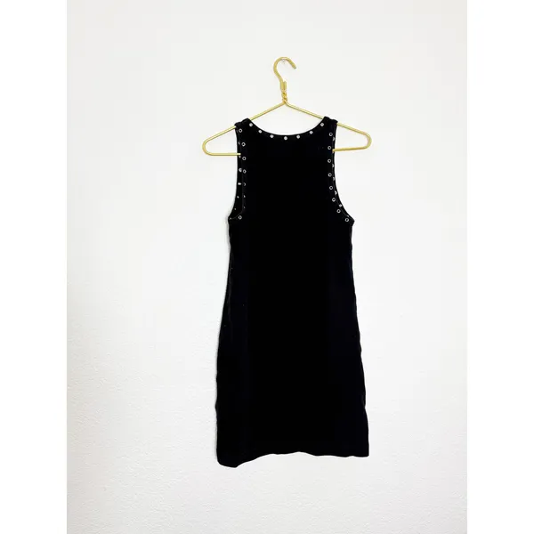 Re/Done Eyelet-Embellished Mini Dress Size Large Black Ribbed Grommet Grunge - Image 13
