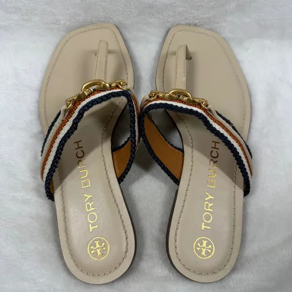 Tory Burch Eleanor Thong Sandal Beige Multi Striped Canvas Gold Chain Flat 5.5 - Image 5