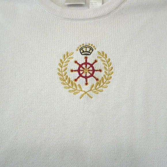 Vintage Koret‎ Cream Nautical Embroidered Crest Cotton Sweater Small Preppy - Image 3