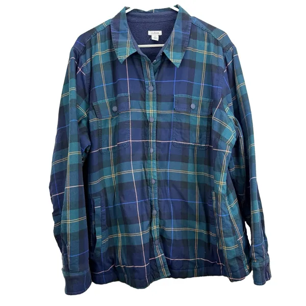 LL Bean Blue Plaid Fleece Lined Flannel Snap Shirt Jacket Shacket Women 1X - Image 3