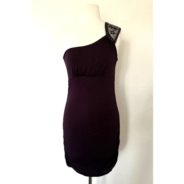 NWT Body Central Y2K Purple Beaded One Shoulder Lightweight Luxe Mini Dress Sz M - Image 2