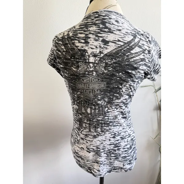 Harley Davidson Womens Black White Space Dye Burnout Graphic V-Neck Tee‎ Sz S - Image 3