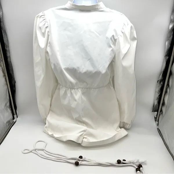 Rêveuse White Long Sleeve Romper Cuffed Shorts w/Tassel End Rope Belt-Size M - Image 2