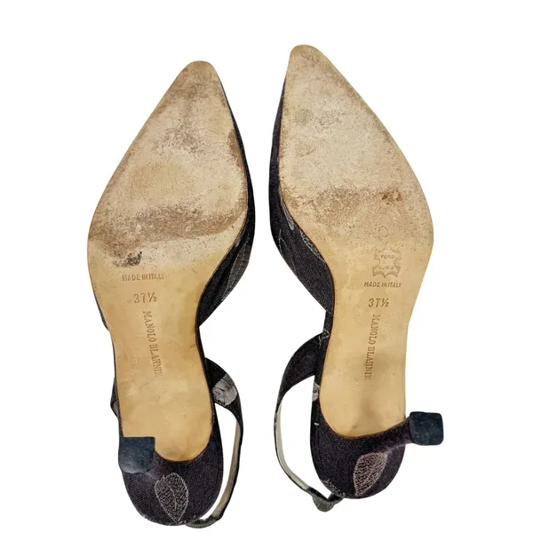 Manolo Blahnik Vintage Slingback Kitten Heels 37.5 Brown Fabric Pointed Toe - Image 8