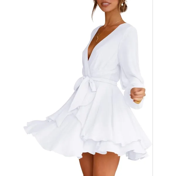 NEW Deep V-Neck Long Sleeve Belted Ruffle Mini Swing Dress S - Image 5