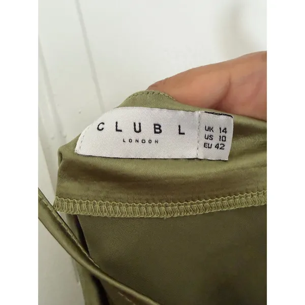 Club L London Olive Green Satin Cowl Neck Ruched Asymmetrical Midi Dress size 10 - Image 16