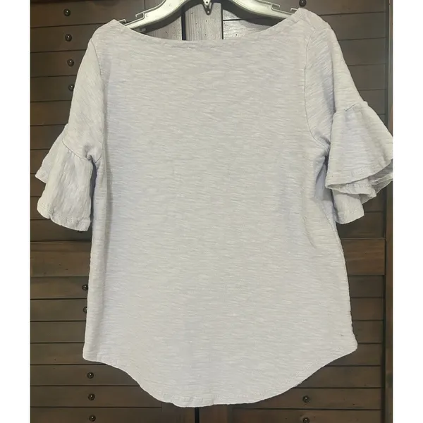 Anthropologie Postage Stamp Ruffle Sleeve Light Blue Curved Hem Cotton Top Small - Image 4
