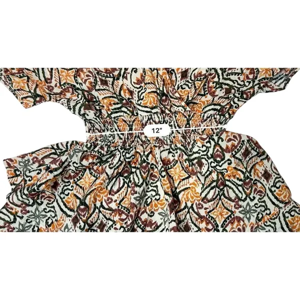 Zara AOP Ikat Print Tiered Elastic Waist Dress Tan Green Tribal MEDIUM Boho Chic - Image 7