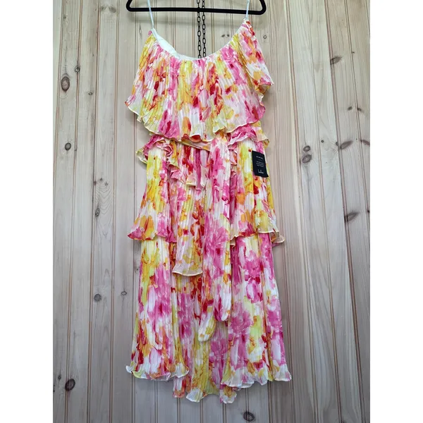 NWT Lulus Nessa Yellow and Pink Abstract Plisse Tiered Midi Dress Colorful Sz XL - Image 2