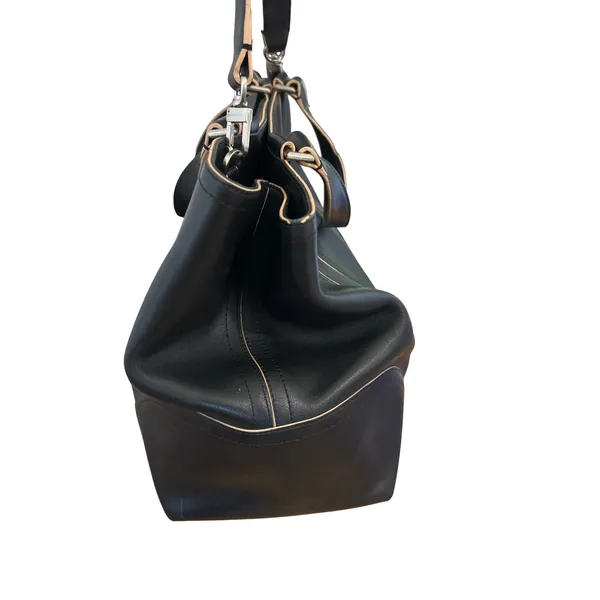 Ellen Tracy Black Leather Tote Bag Satchel Contrast Piping Silver Hardware - Image 5