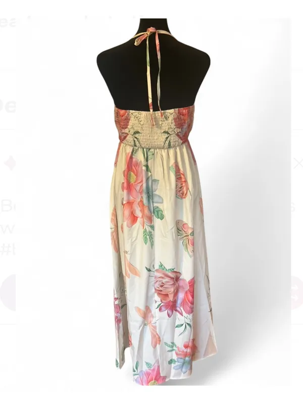 Multicolor Floral, Halter Maxi Dress, Tie Closure, Size S - Image 3