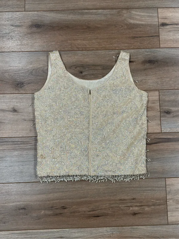 Vintage Y2k 100% Wool Cream Beaded Tank Top W/ Fringe Hem | Size Small - Image 4