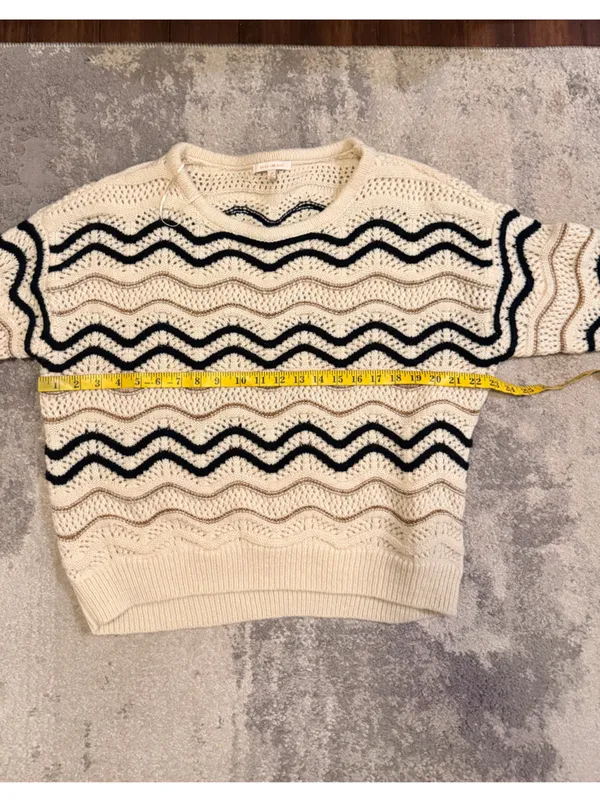 Skies Are Blue Cream Open-Knit Sweater with Black Wave Stripes - Image 5