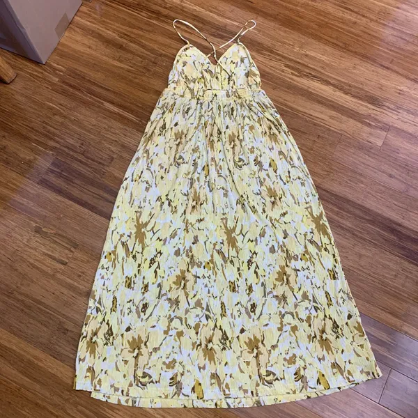 MNG Mango Maxi Dress Womens Size‎ 4 Yellow Brown Floral Print Sleeveless Summer - Image 4