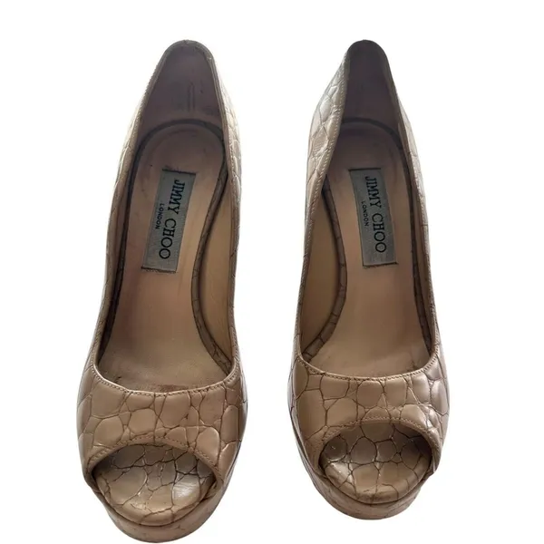 Jimmy Choo High Heels 35.5 US 6 Croc Embossed Open Toe Neutral Platform - Image 5